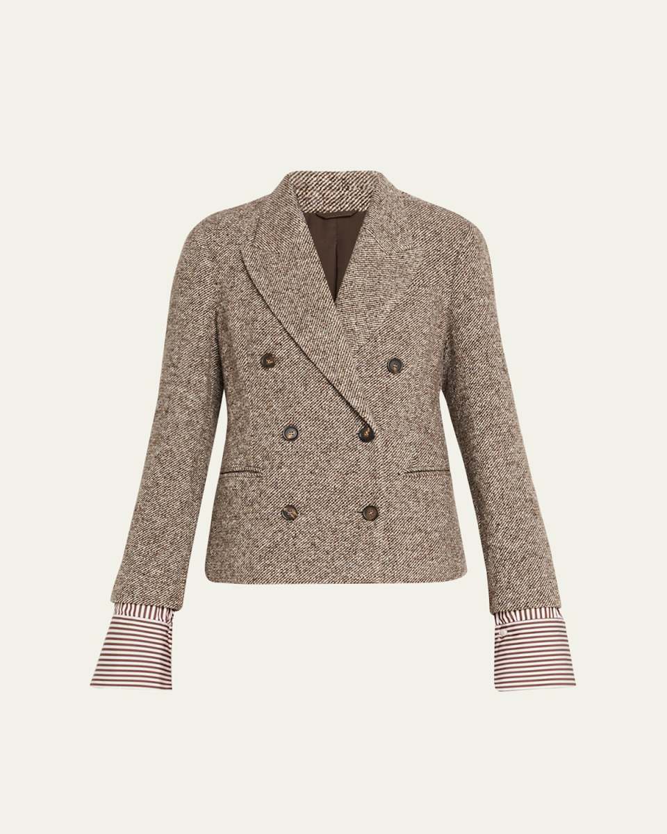 Diagonal Tweed Wool Blazer with Removable Cuffs